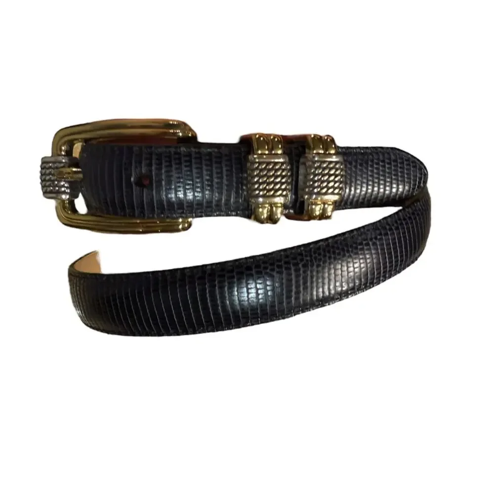 Vintage Brighton Classics Black Lizard Texture Belt Gold Buckle Womens 32